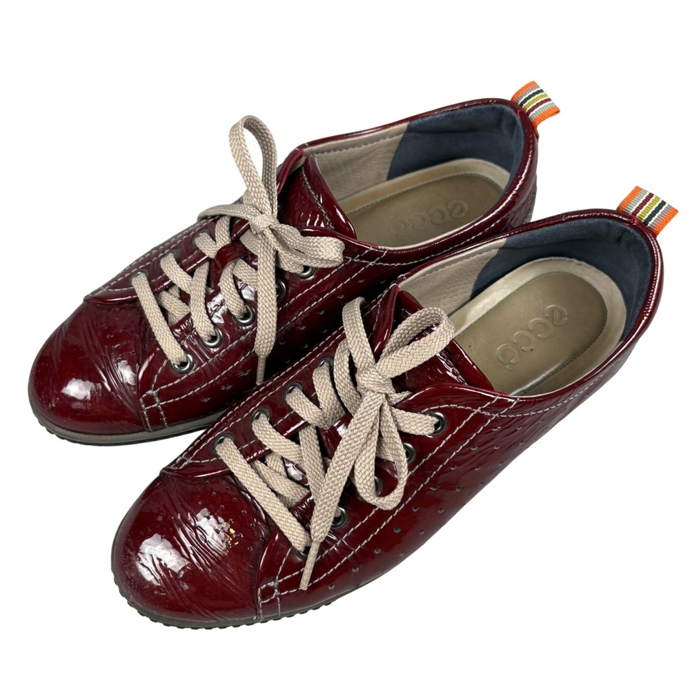 ECCO Soft Sneakers Women's 38 Burgundy Red Patent Leather Walking Shoes Indie